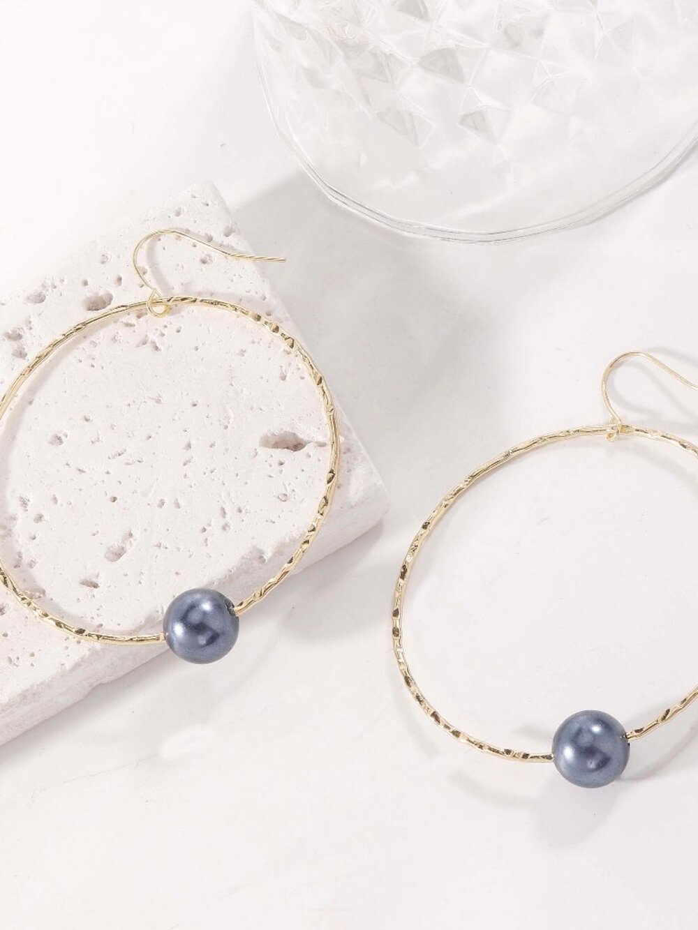 Black Pearl Wire Hoop Earrings
